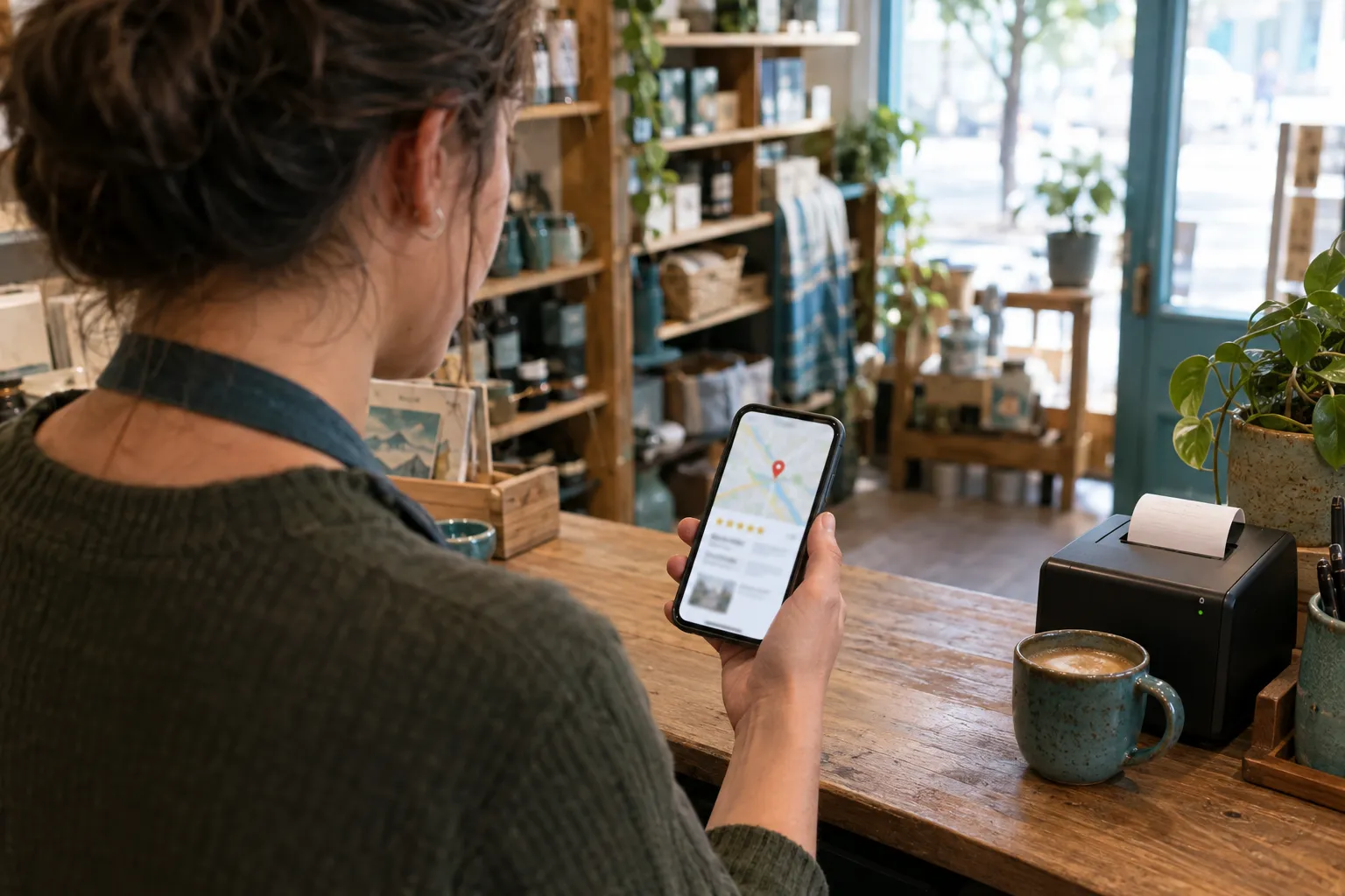 A shop owner behind a wooden counter checking her business listing on a phone